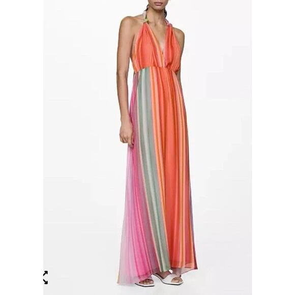 MNG by Mango Rainbow Striped Halter Maxi Dress Tie V-neck Sz 6 - Picture 1 of 11